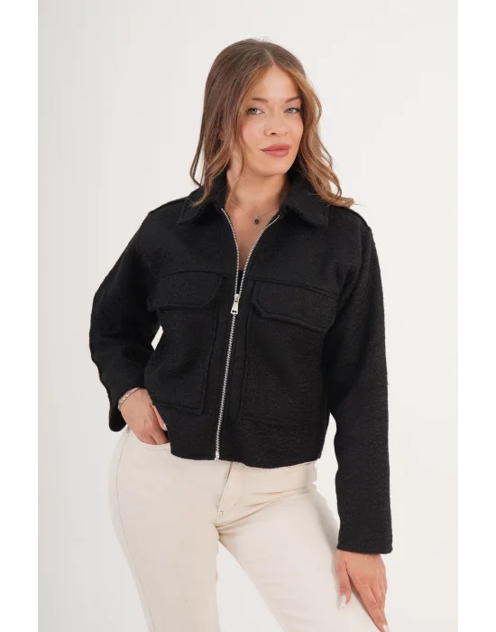 Kadın Buklet Desenli Siyah Kaşe Ceket