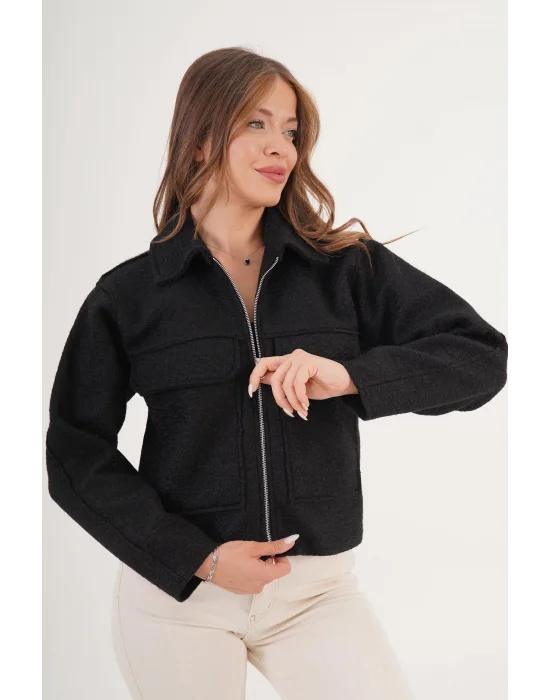 Kadın Buklet Desenli Siyah Kaşe Ceket