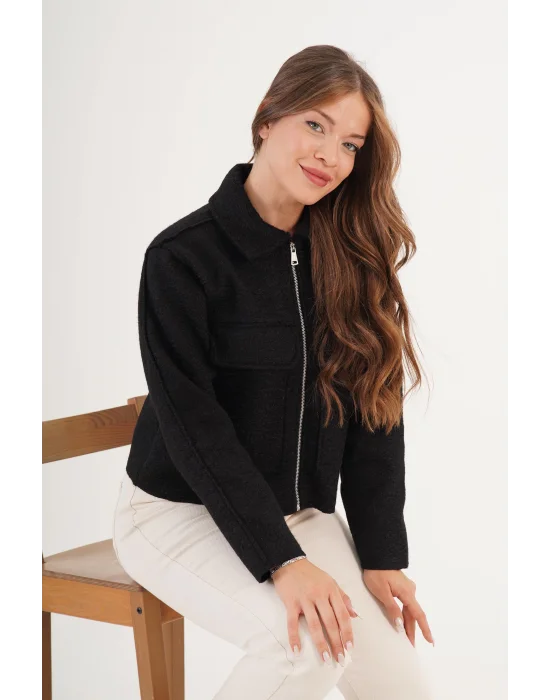 Kadın Buklet Desenli Siyah Kaşe Ceket