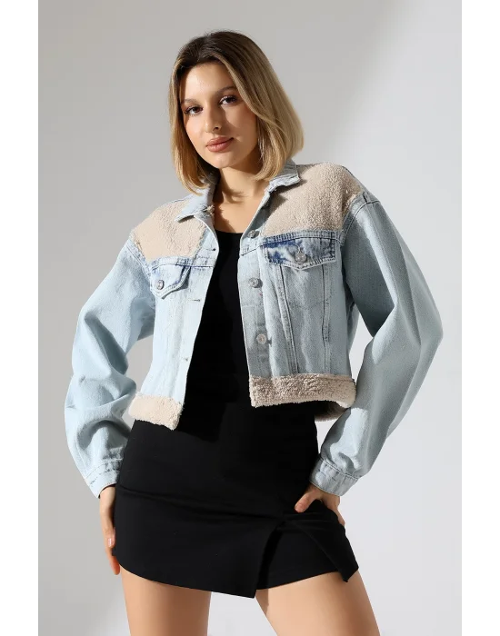 Kadın Buz Mavi Eteği Peluşlu Kot Ceket