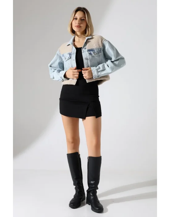 Kadın Buz Mavi Eteği Peluşlu Kot Ceket