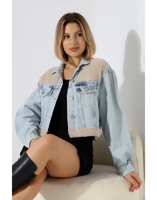 Kadın Buz Mavi Eteği Peluşlu Kot Ceket