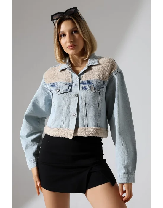 Kadın Buz Mavi Eteği Peluşlu Kot Ceket