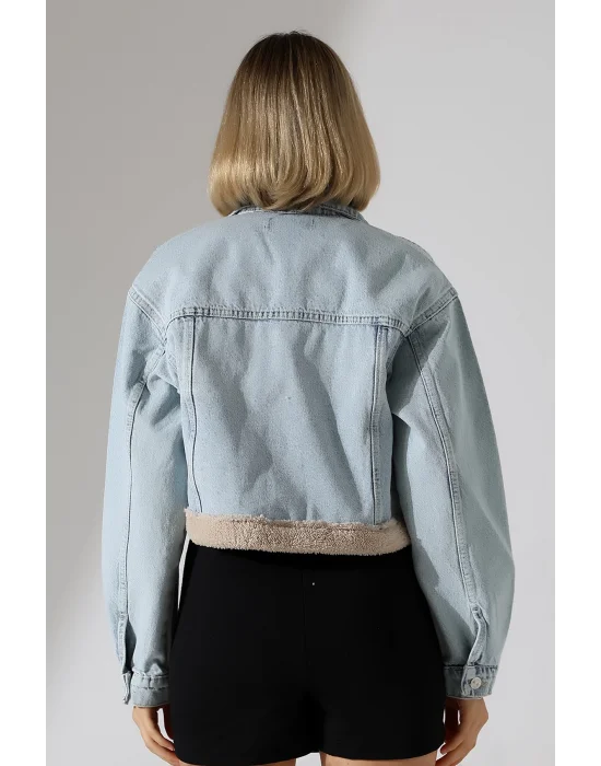 Kadın Buz Mavi Eteği Peluşlu Kot Ceket