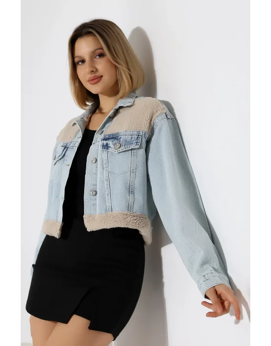 Kadın Buz Mavi Eteği Peluşlu Kot Ceket