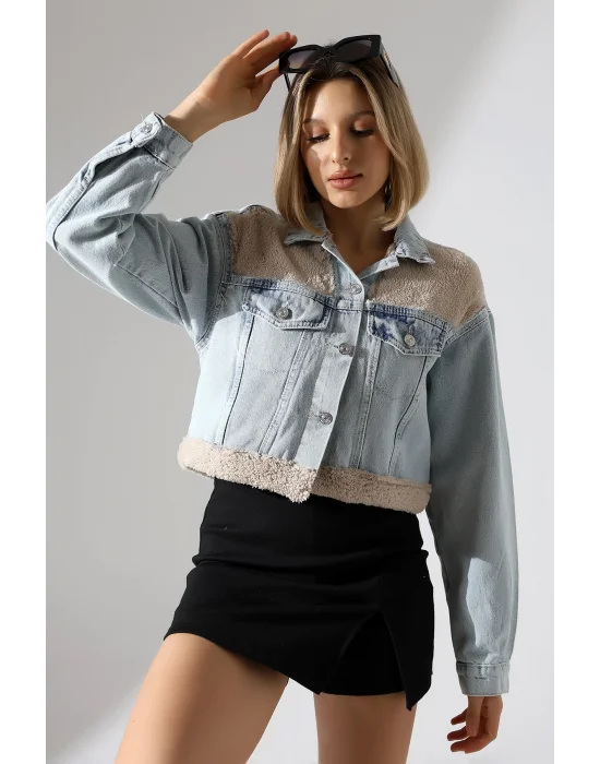 Kadın Buz Mavi Eteği Peluşlu Kot Ceket