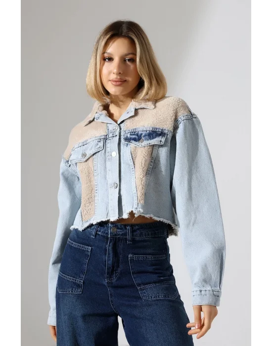 Kadın Buz Mavi Peluş Detaylı Kot Ceket