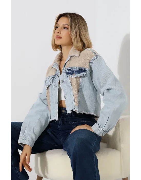 Kadın Buz Mavi Peluş Detaylı Kot Ceket