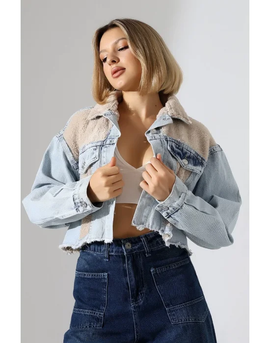 Kadın Buz Mavi Peluş Detaylı Kot Ceket