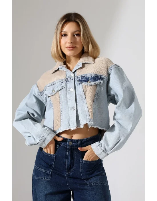 Kadın Buz Mavi Peluş Detaylı Kot Ceket