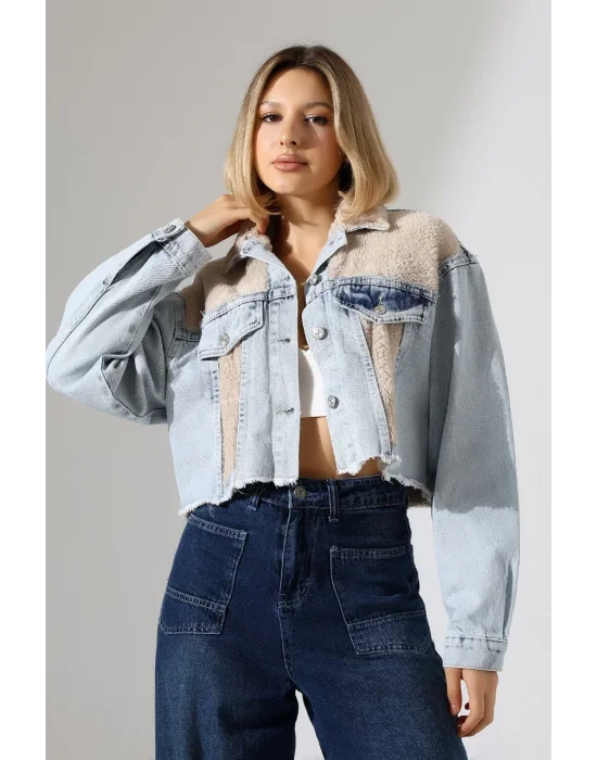 Kadın Buz Mavi Peluş Detaylı Kot Ceket