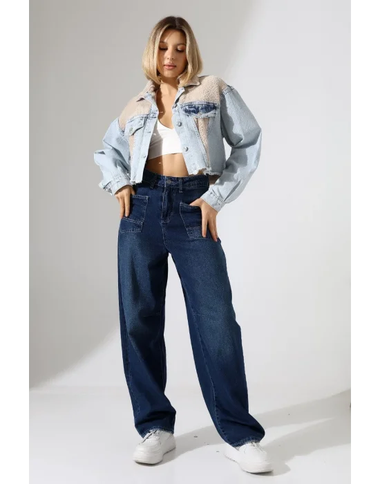 Kadın Buz Mavi Peluş Detaylı Kot Ceket