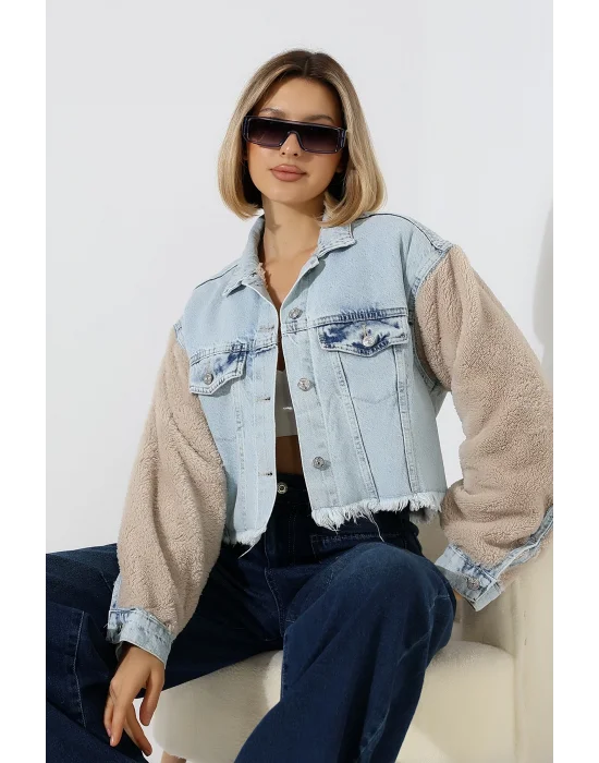 Kadın Buz Mavi Peluş Detaylı Lazerli Kot Ceket