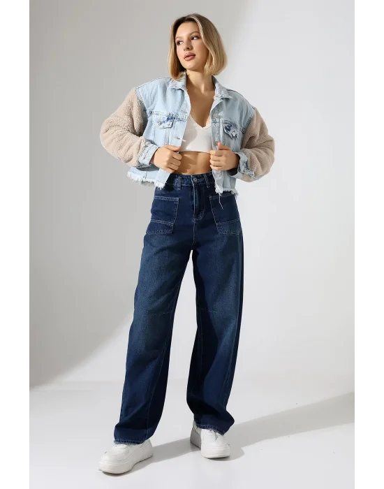 Kadın Buz Mavi Peluş Detaylı Lazerli Kot Ceket