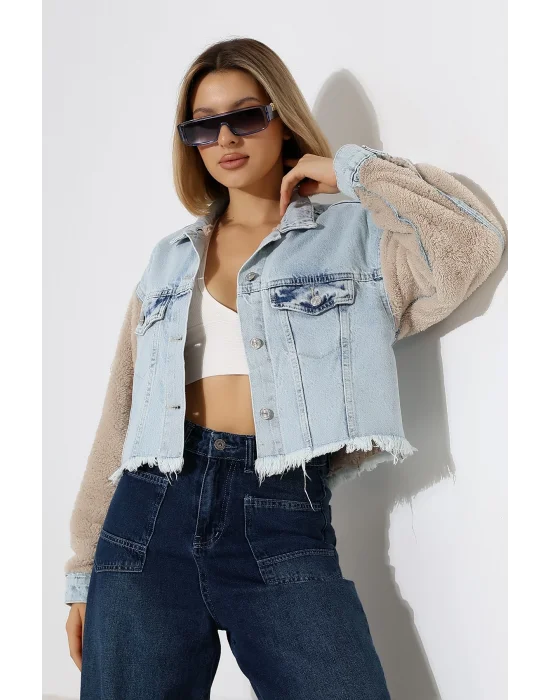 Kadın Buz Mavi Peluş Detaylı Lazerli Kot Ceket