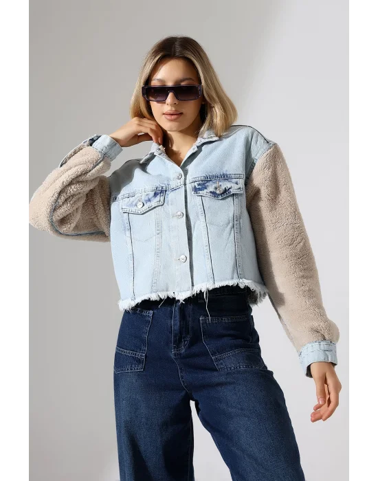 Kadın Buz Mavi Peluş Detaylı Lazerli Kot Ceket