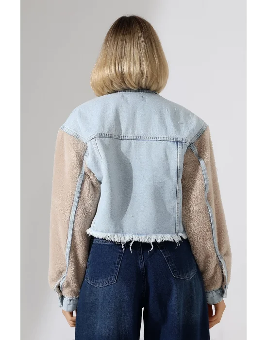 Kadın Buz Mavi Peluş Detaylı Lazerli Kot Ceket