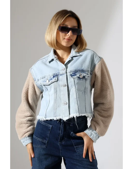 Kadın Buz Mavi Peluş Detaylı Lazerli Kot Ceket
