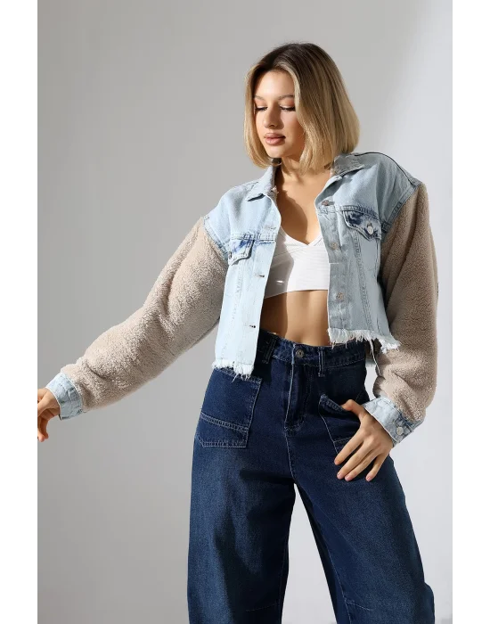 Kadın Buz Mavi Peluş Detaylı Lazerli Kot Ceket