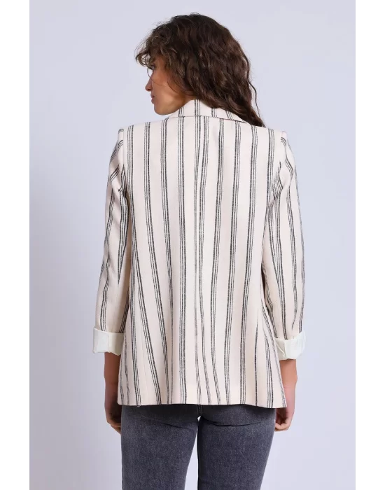 Kadın Çizgili Kol Katlamalı Keten Blazer Ceket
