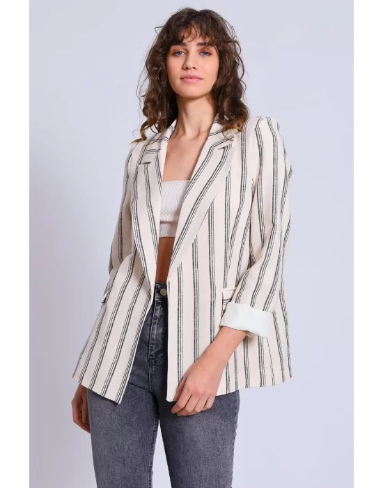 Kadın Çizgili Kol Katlamalı Keten Blazer Ceket