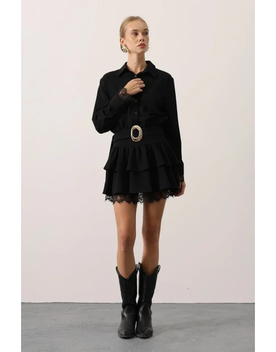 Kadın Dantel Detaylı Gold Düğmeli Elbise