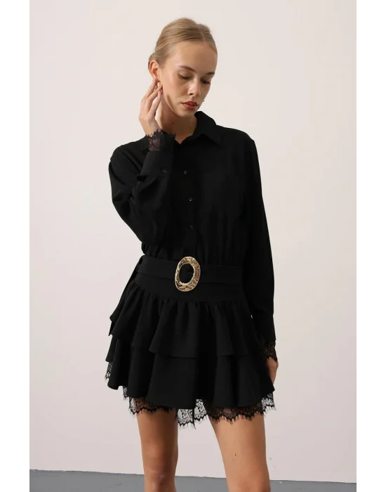 Kadın Dantel Detaylı Gold Düğmeli Elbise