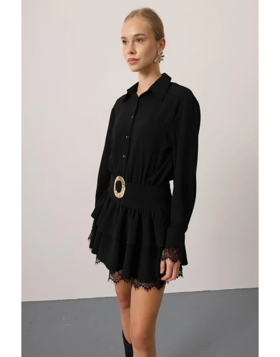 Kadın Dantel Detaylı Gold Düğmeli Elbise