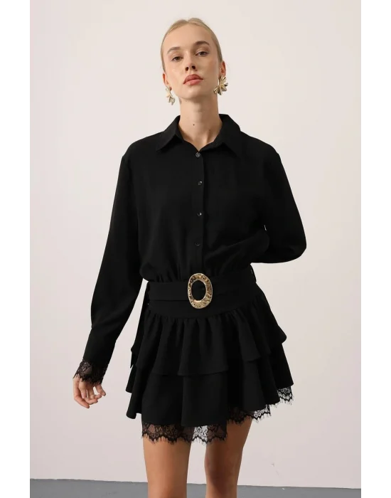 Kadın Dantel Detaylı Gold Düğmeli Elbise