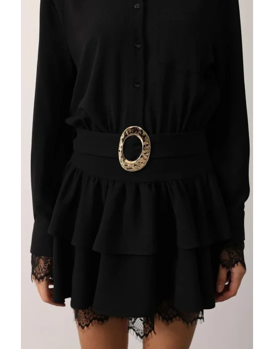 Kadın Dantel Detaylı Gold Düğmeli Elbise