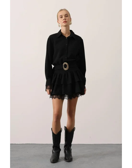 Kadın Dantel Detaylı Gold Düğmeli Elbise