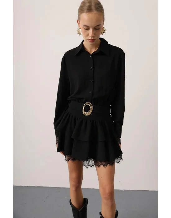 Kadın Dantel Detaylı Gold Düğmeli Elbise