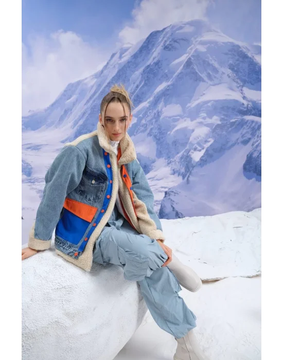 Kadın Denim Mix Peluş Mont