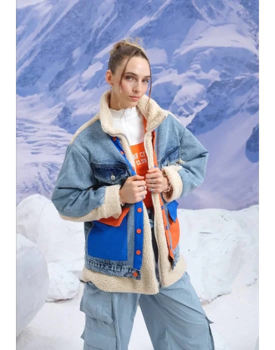 Kadın Denim Mix Peluş Mont