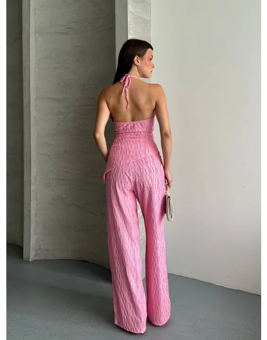 Kadın Halter Yaka Bürümcük Kumaş Pembe İkili Takım