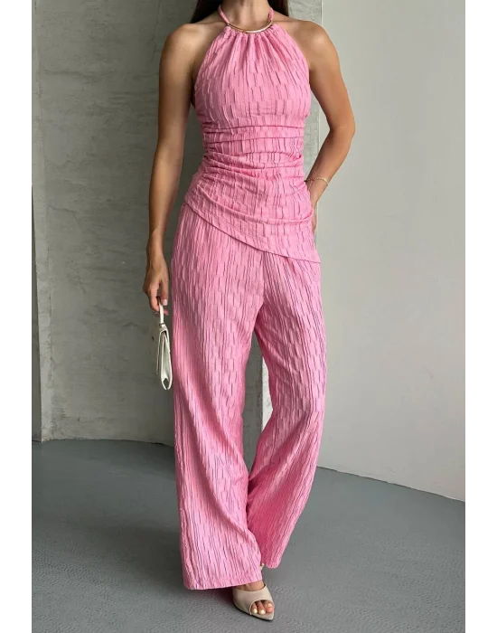 Kadın Halter Yaka Bürümcük Kumaş Pembe İkili Takım