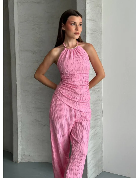 Kadın Halter Yaka Bürümcük Kumaş Pembe İkili Takım