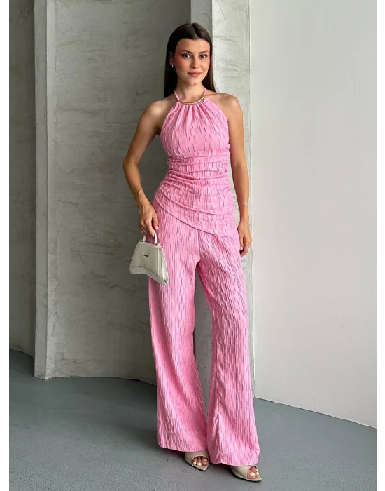 Kadın Halter Yaka Bürümcük Kumaş Pembe İkili Takım