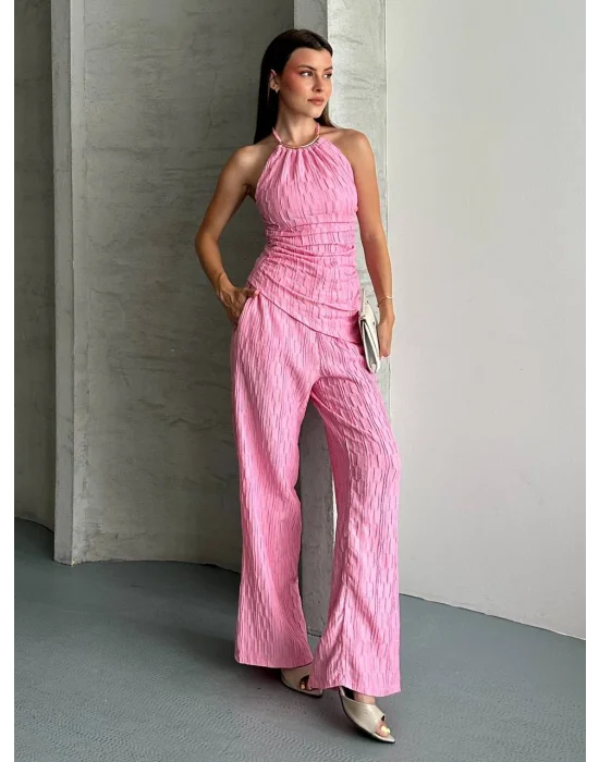 Kadın Halter Yaka Bürümcük Kumaş Pembe İkili Takım