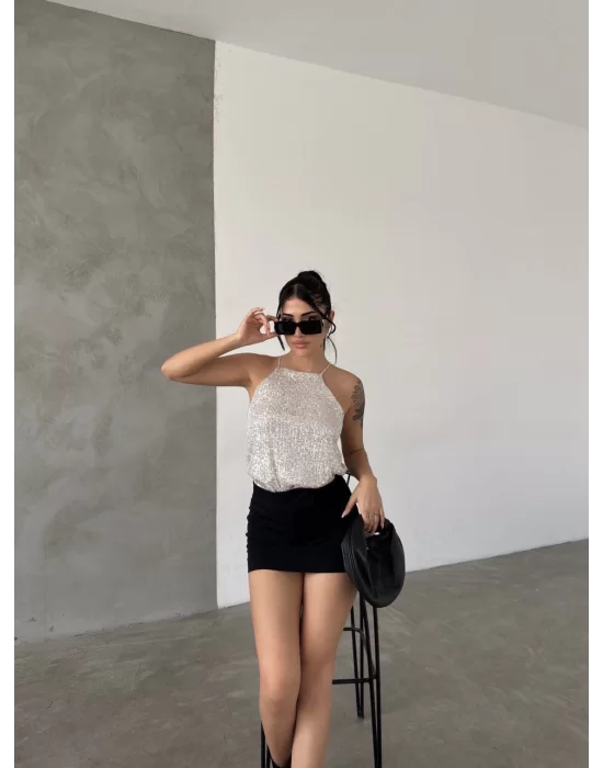 Kadın Halter Yaka Pul Payet Bluz
