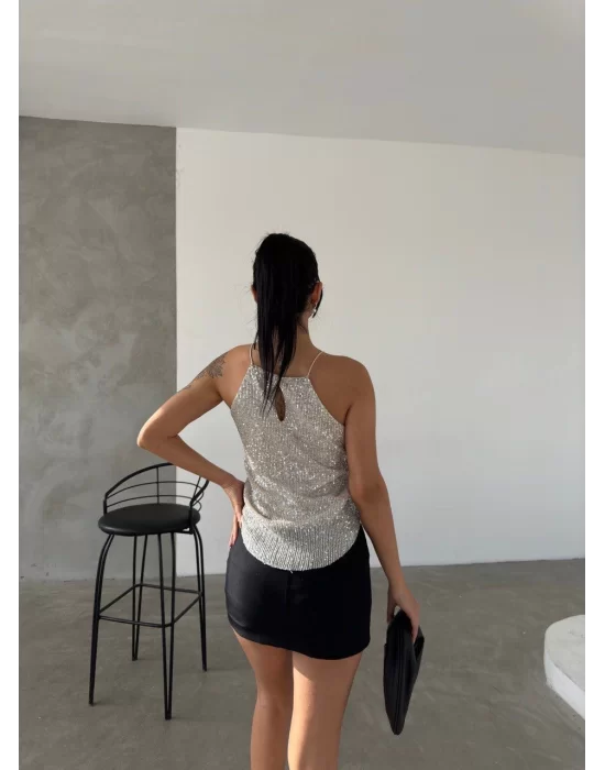 Kadın Halter Yaka Pul Payet Bluz