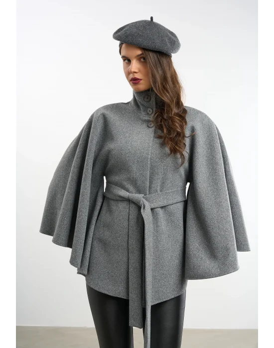 Kadın Gri Kaşe Kumaş Düğmeli Kuşaklı Pelerin Panço