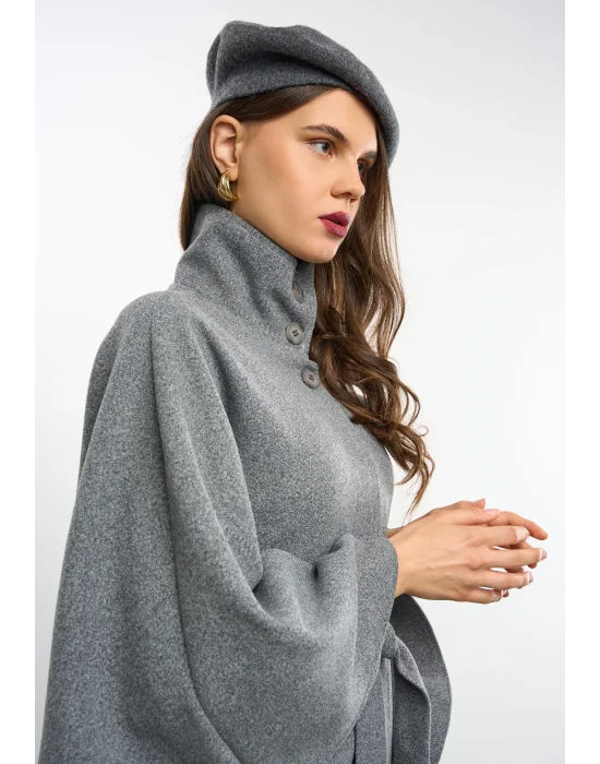 Kadın Gri Kaşe Kumaş Düğmeli Kuşaklı Pelerin Panço