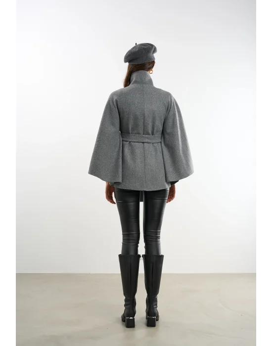 Kadın Gri Kaşe Kumaş Düğmeli Kuşaklı Pelerin Panço