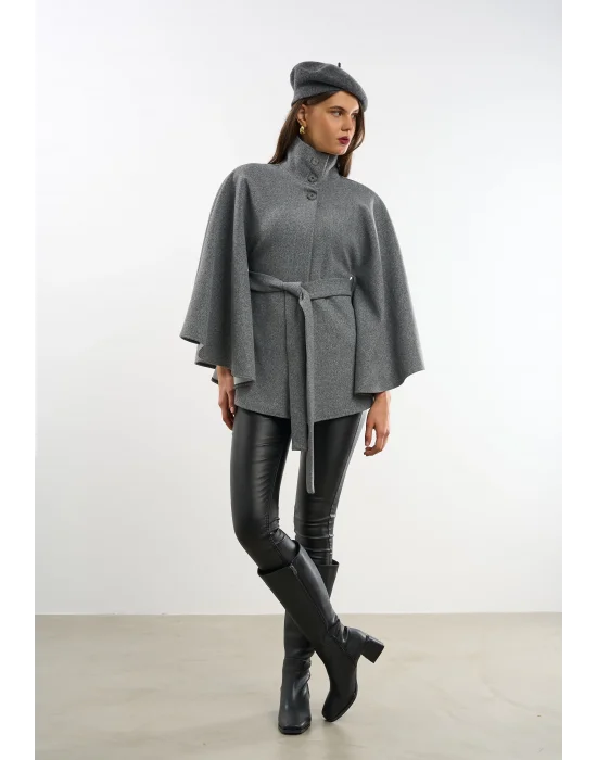 Kadın Gri Kaşe Kumaş Düğmeli Kuşaklı Pelerin Panço