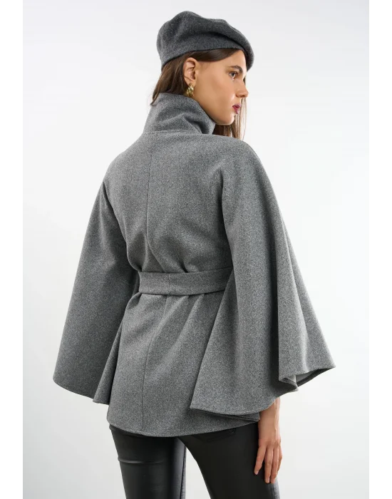 Kadın Gri Kaşe Kumaş Düğmeli Kuşaklı Pelerin Panço