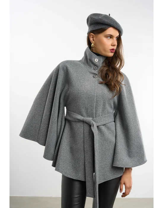 Kadın Gri Kaşe Kumaş Düğmeli Kuşaklı Pelerin Panço