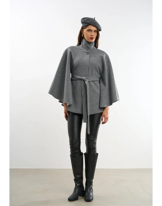 Kadın Gri Kaşe Kumaş Düğmeli Kuşaklı Pelerin Panço