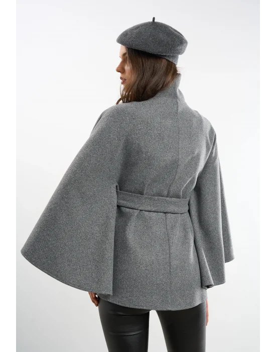Kadın Gri Kaşe Kumaş Düğmeli Kuşaklı Pelerin Panço
