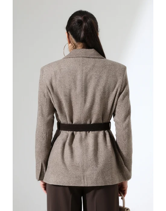 Kadın Kemerli Kaşe Blazer Ceket